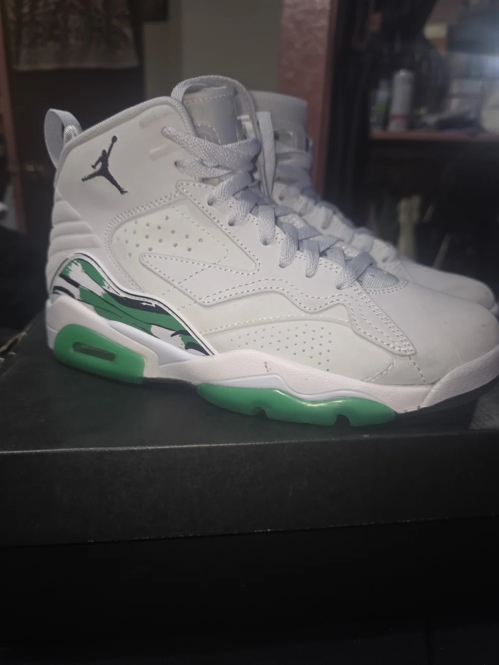 Jordan Kids White High-Top Sneakers with Green Accents